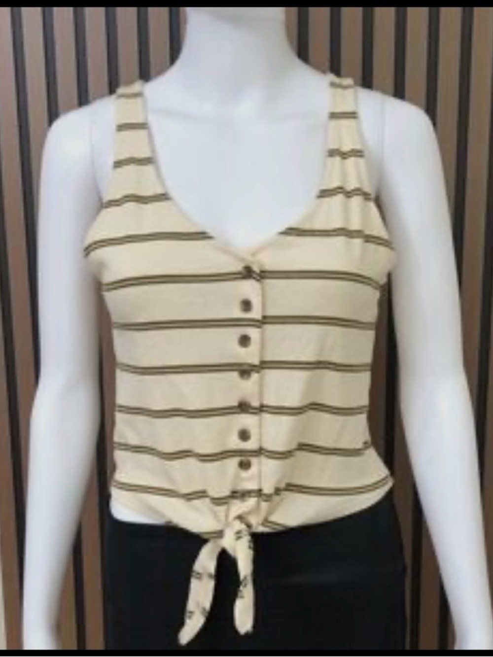 American Eagle Outfitters Cream and Brown Striped Tie-Front Tank